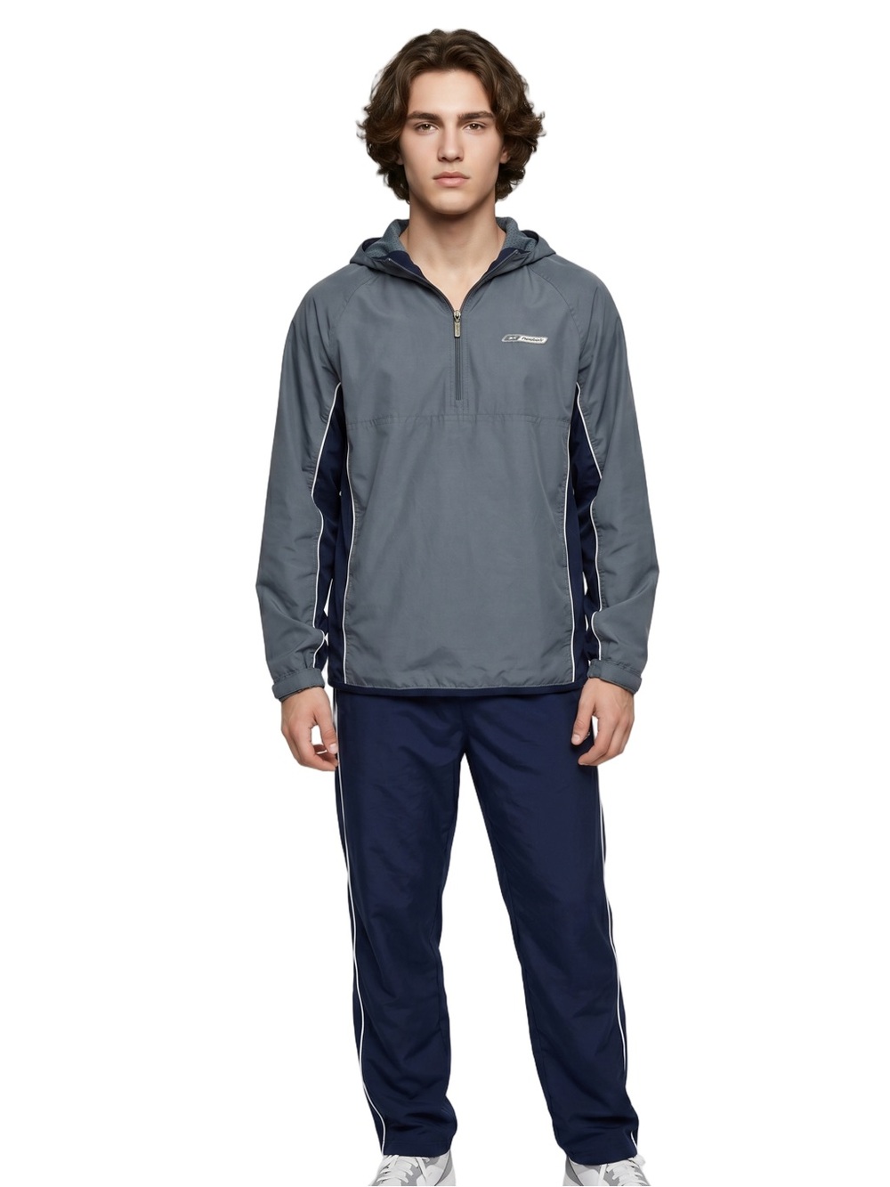 REEBOK Men's Gray and Navy Hooded Windbreaker Tracksuit Three Quarter zip front